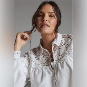 Anthropologie Embroidered Lace Button Down White Shirt Blouse Medium Petite Chic